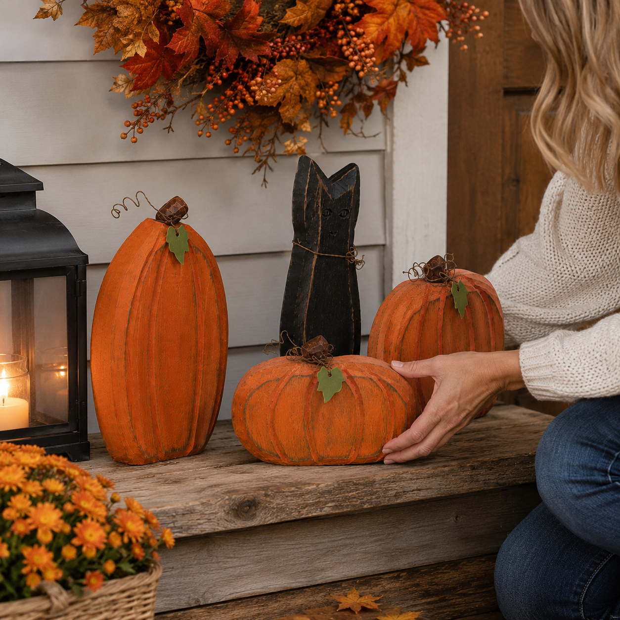 Rustic Black Cat & Pumpkin Wooden Figurines – Vintage Fall Harvest Farmhouse Tabletop Decor