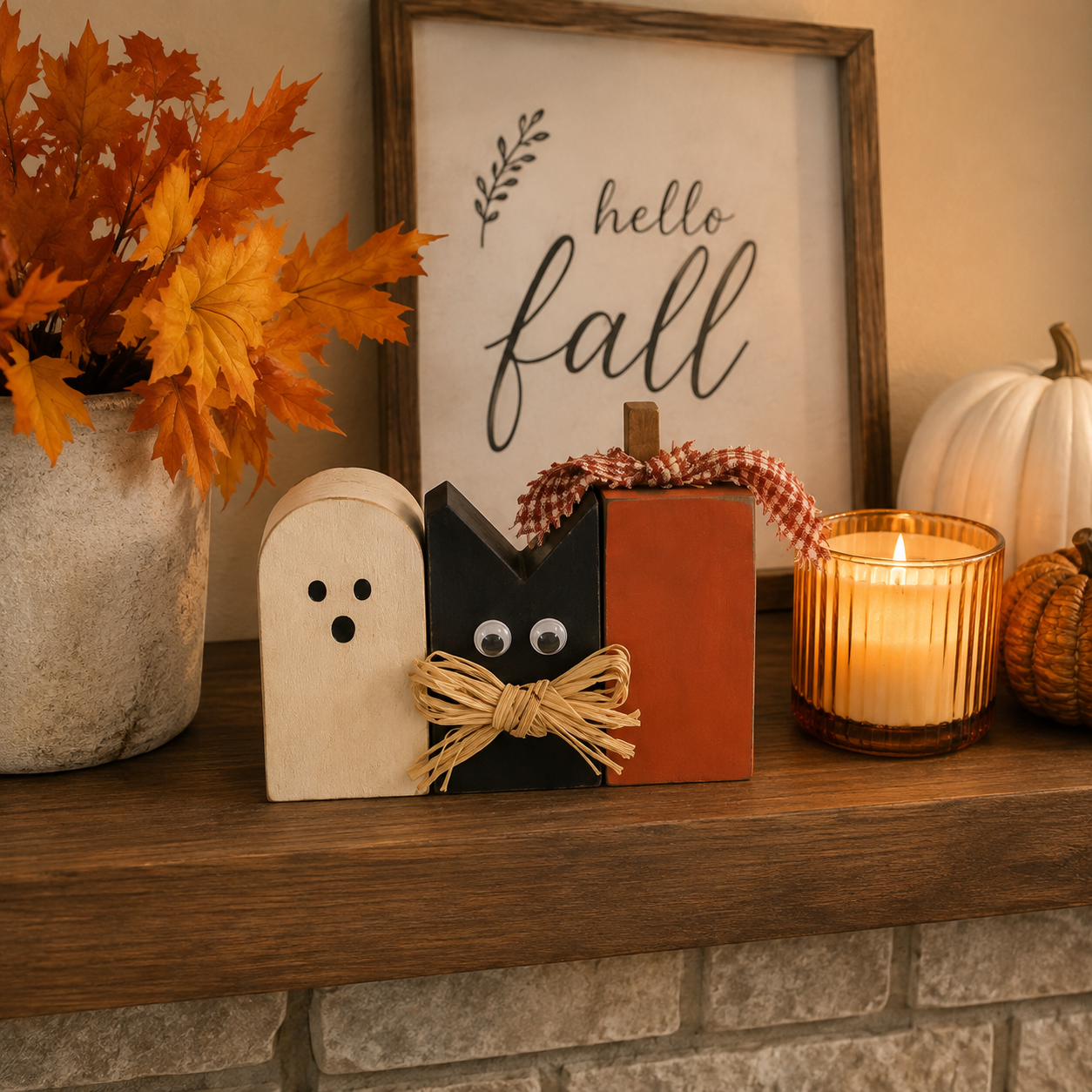 Rustic Halloween Ghost Cat Pumpkin Wooden Tabletop Decor