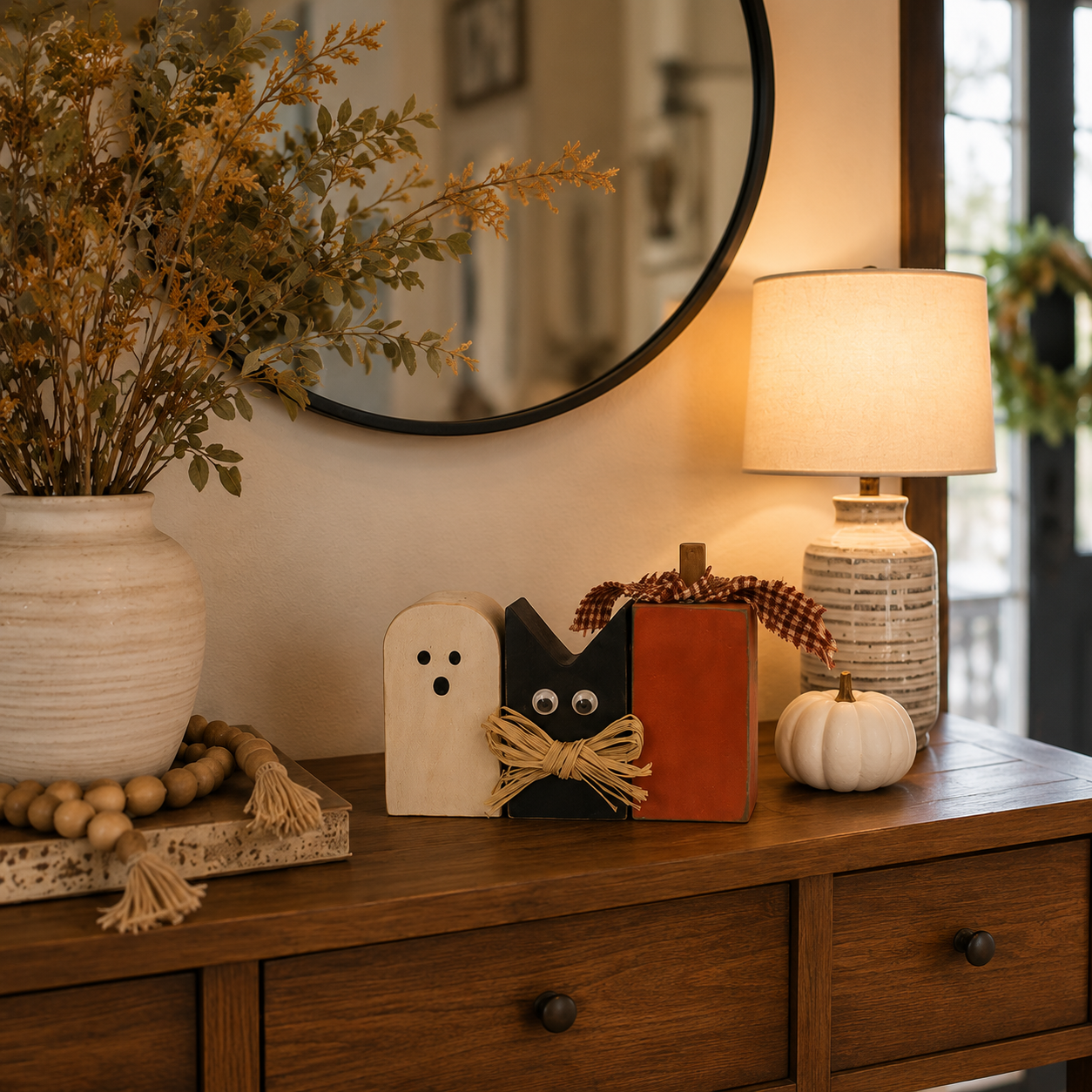 Rustic Halloween Ghost Cat Pumpkin Wooden Tabletop Decor