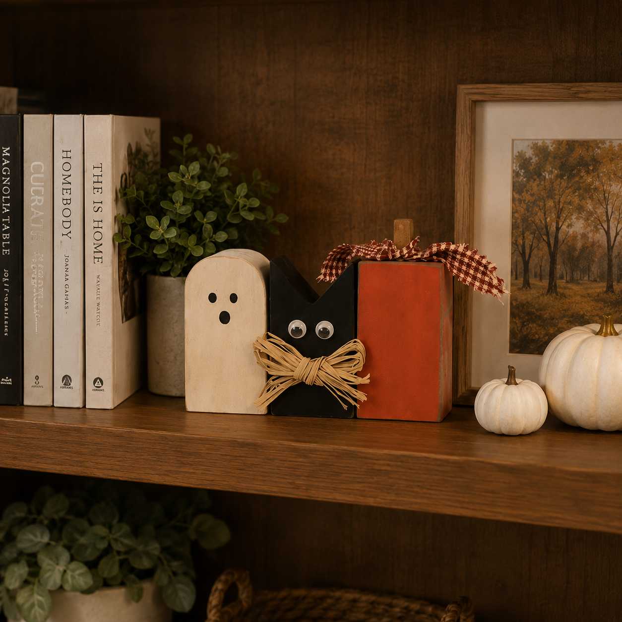 Rustic Halloween Ghost Cat Pumpkin Wooden Tabletop Decor