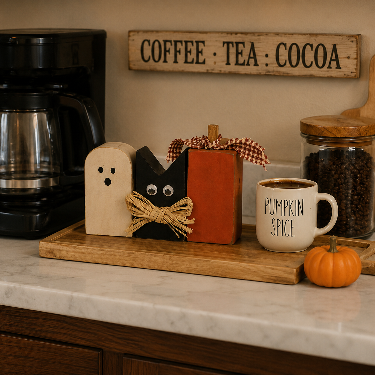 Rustic Halloween Ghost Cat Pumpkin Wooden Tabletop Decor