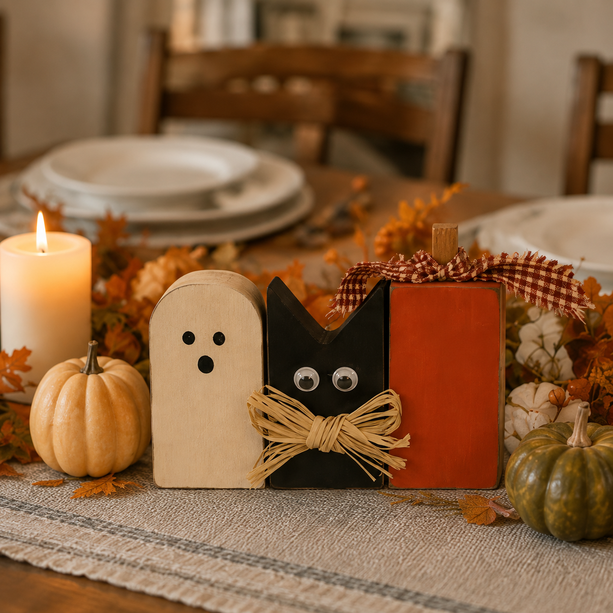 Rustic Halloween Ghost Cat Pumpkin Wooden Tabletop Decor