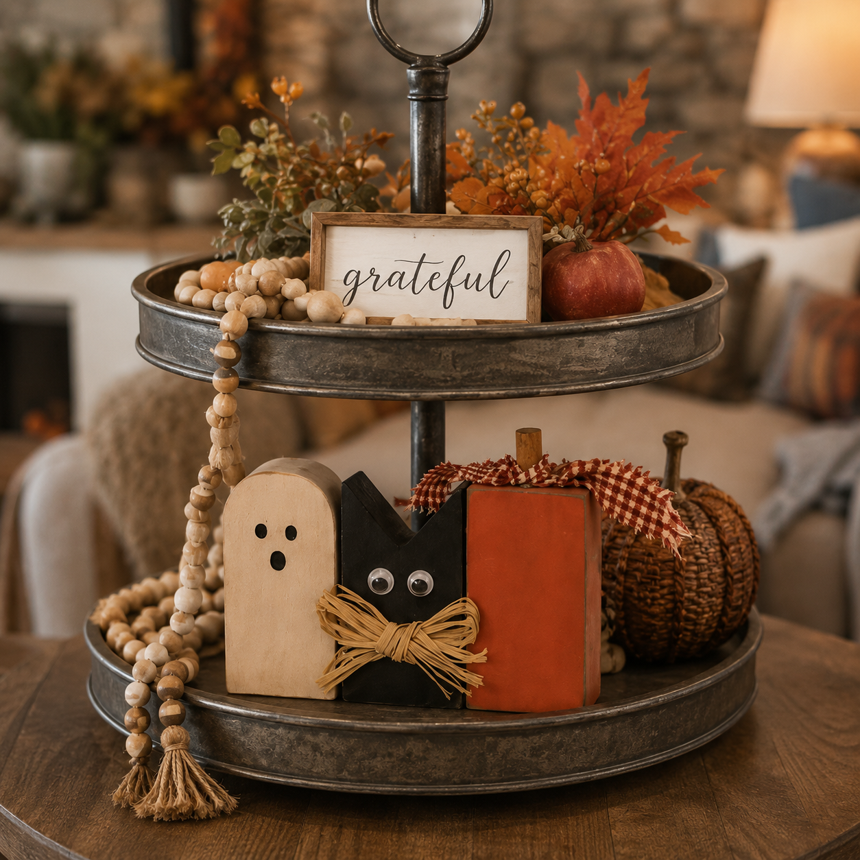 Rustic Halloween Ghost Cat Pumpkin Wooden Tabletop Decor
