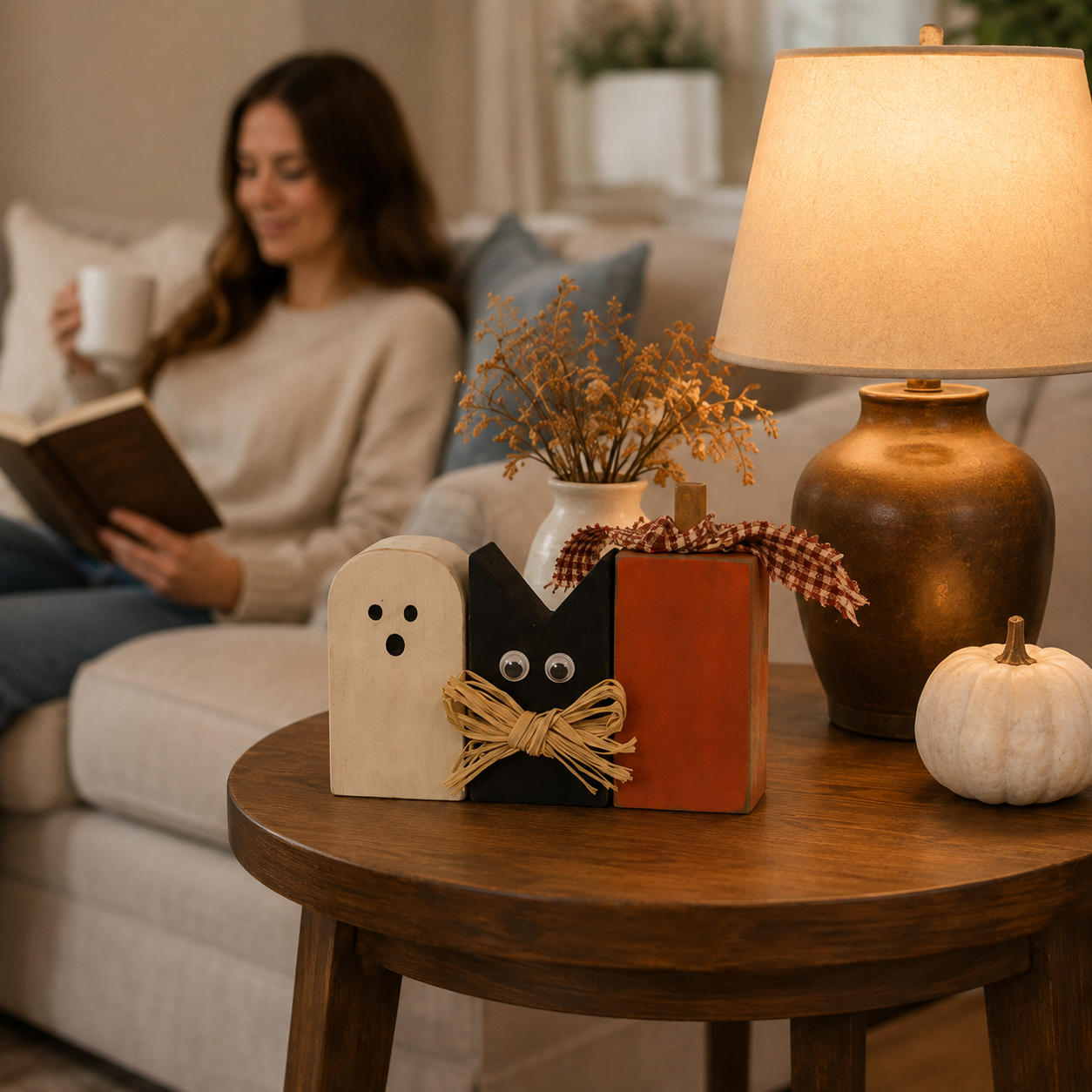 Rustic Halloween Ghost Cat Pumpkin Wooden Tabletop Decor