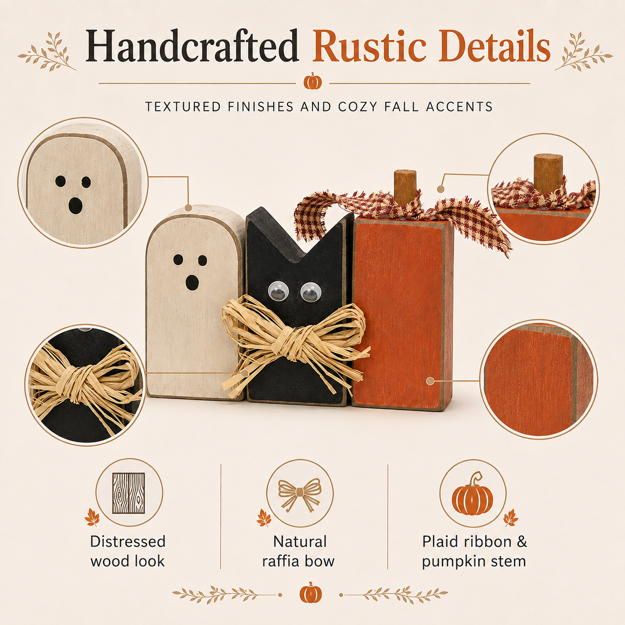 Rustic Halloween Ghost Cat Pumpkin Wooden Tabletop Decor