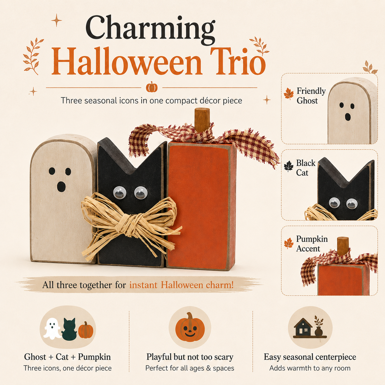Rustic Halloween Ghost Cat Pumpkin Wooden Tabletop Decor