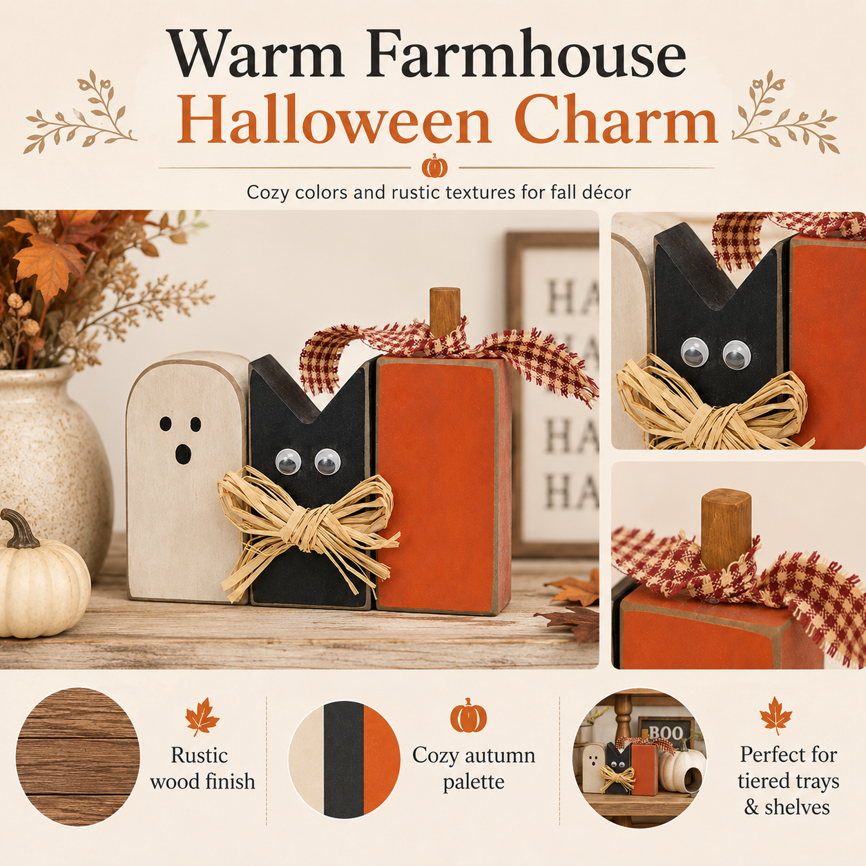 Rustic Halloween Ghost Cat Pumpkin Wooden Tabletop Decor