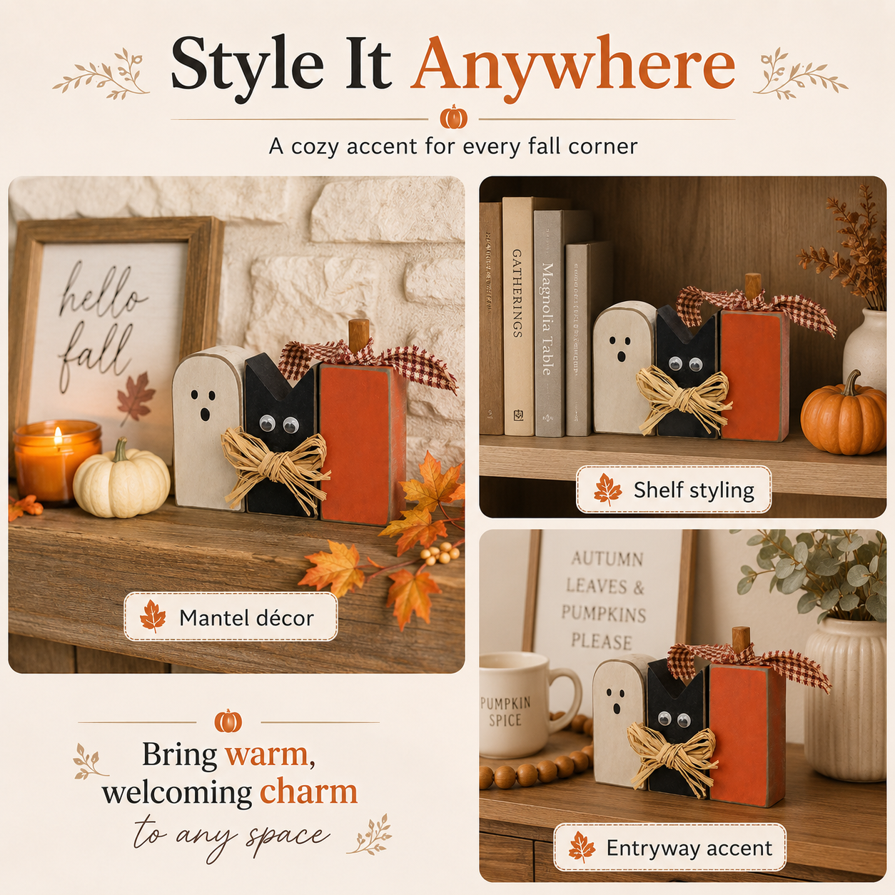 Rustic Halloween Ghost Cat Pumpkin Wooden Tabletop Decor