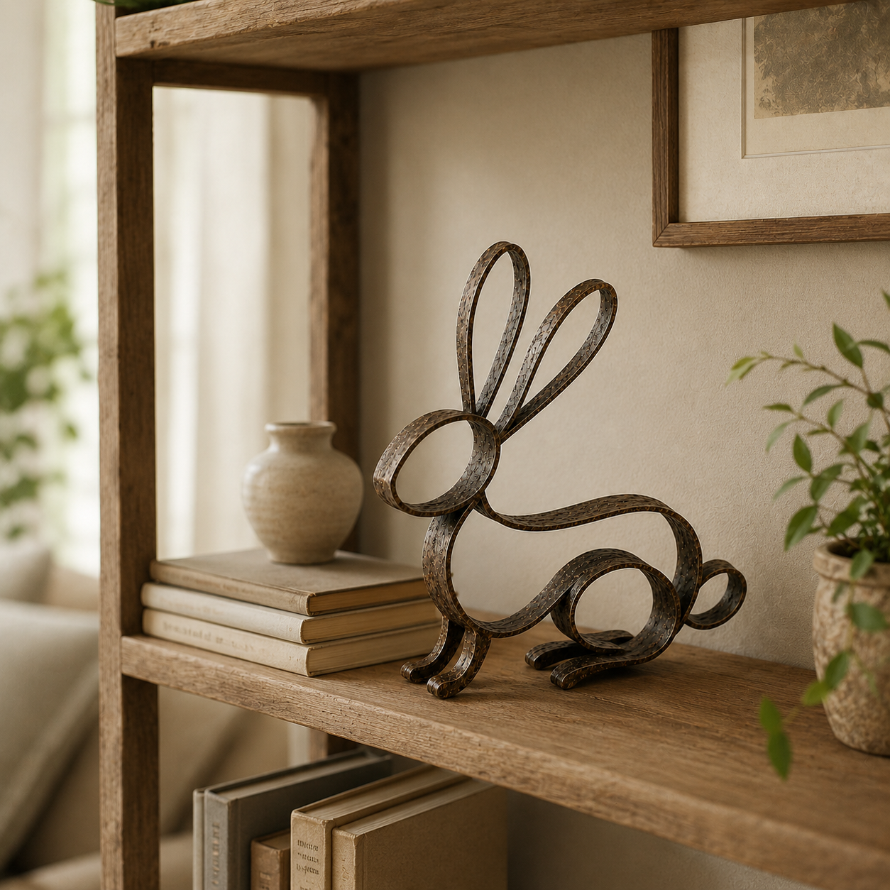 Vintage Metal Rabbit Sculpture – Rustic Hollow Bunny Tabletop Decor