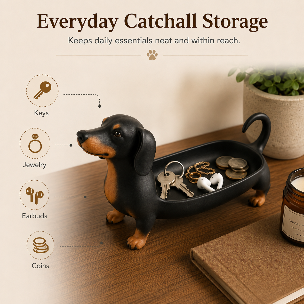 🐾 Dachshund Tray – Cute Dog Shaped Catchall Organizer for Keys, Jewelry & Small Items