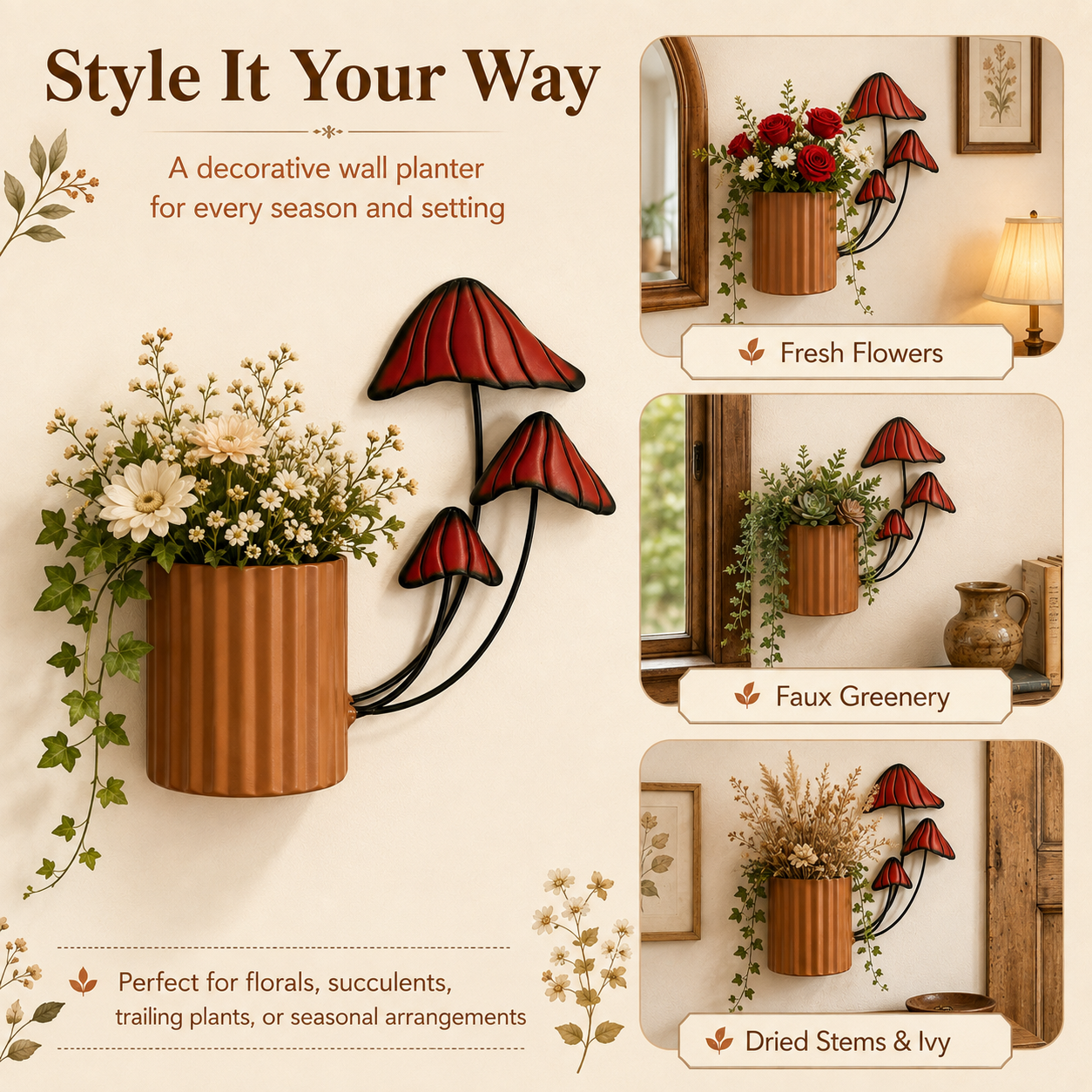 🌿 Vintage Mushroom Wall Planter 