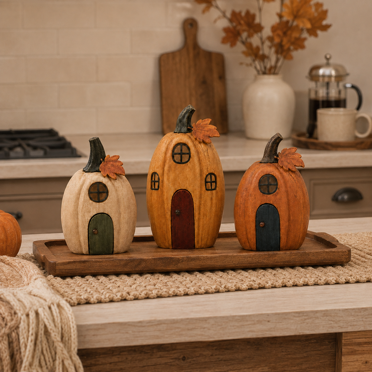 🎃 Rustic Pumpkin House Figurines Set of 3, Cozy Cottage Pumpkin Decor for Fall Home Tabletop Display