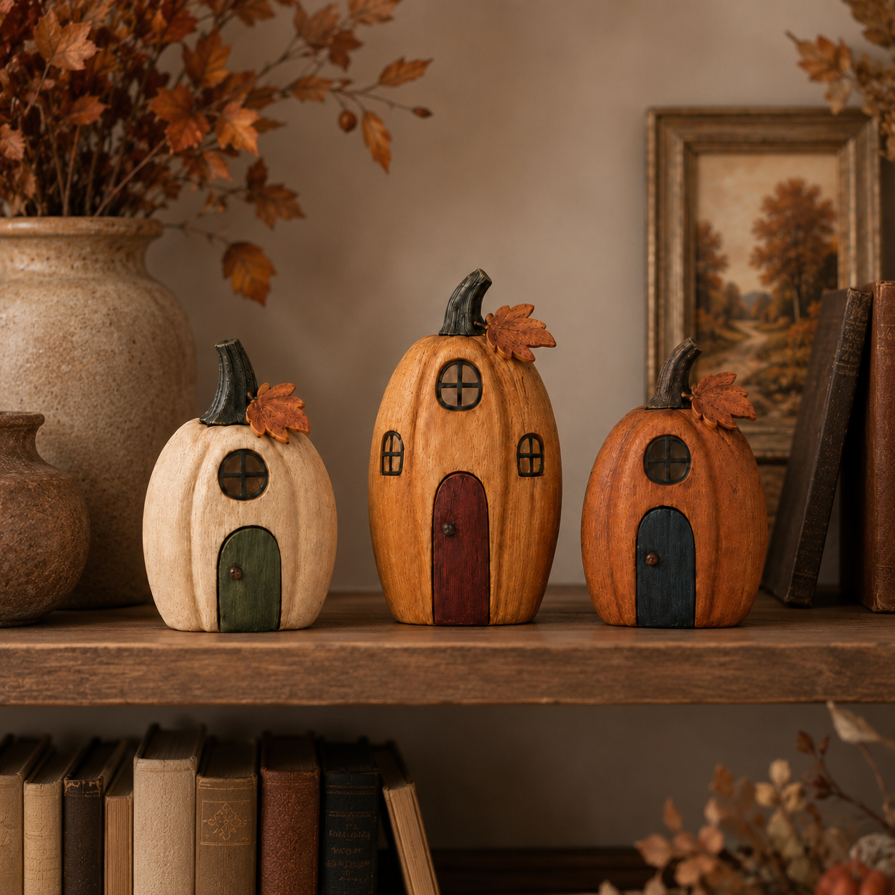 🎃 Rustic Pumpkin House Figurines Set of 3, Cozy Cottage Pumpkin Decor for Fall Home Tabletop Display