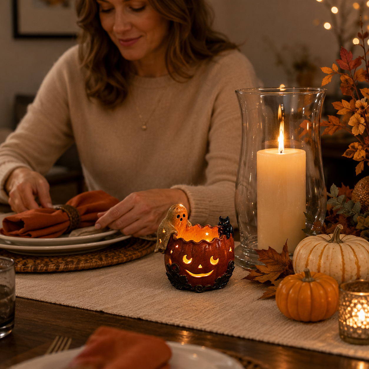 Ghost & Black Cat Pumpkin Tealight Holder Product Description