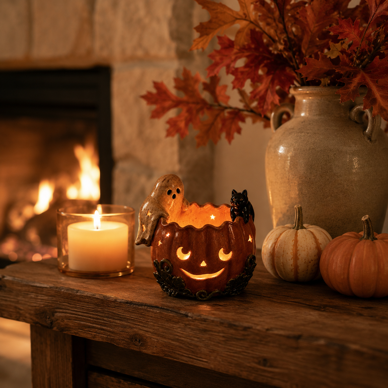 Ghost & Black Cat Pumpkin Tealight Holder Product Description