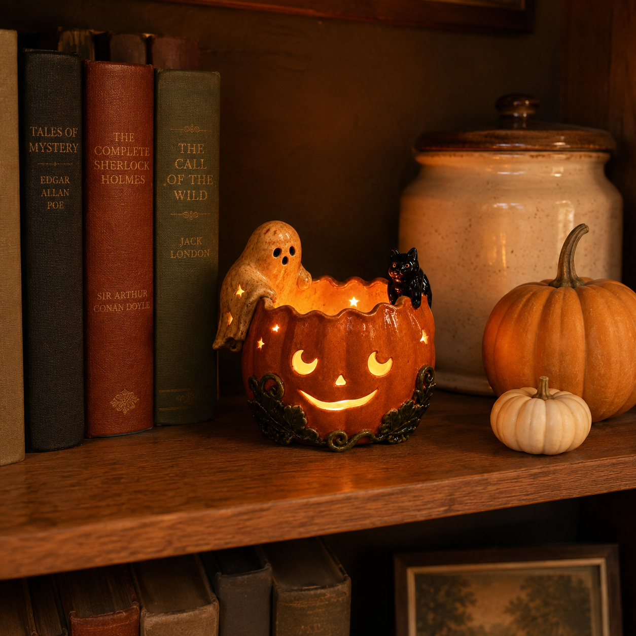 Ghost & Black Cat Pumpkin Tealight Holder Product Description