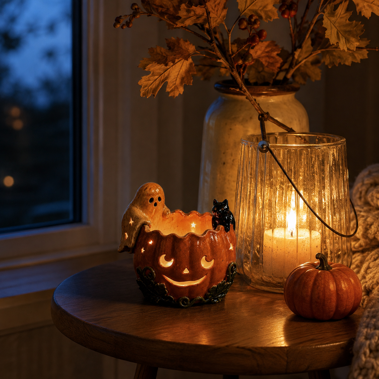 Ghost & Black Cat Pumpkin Tealight Holder Product Description