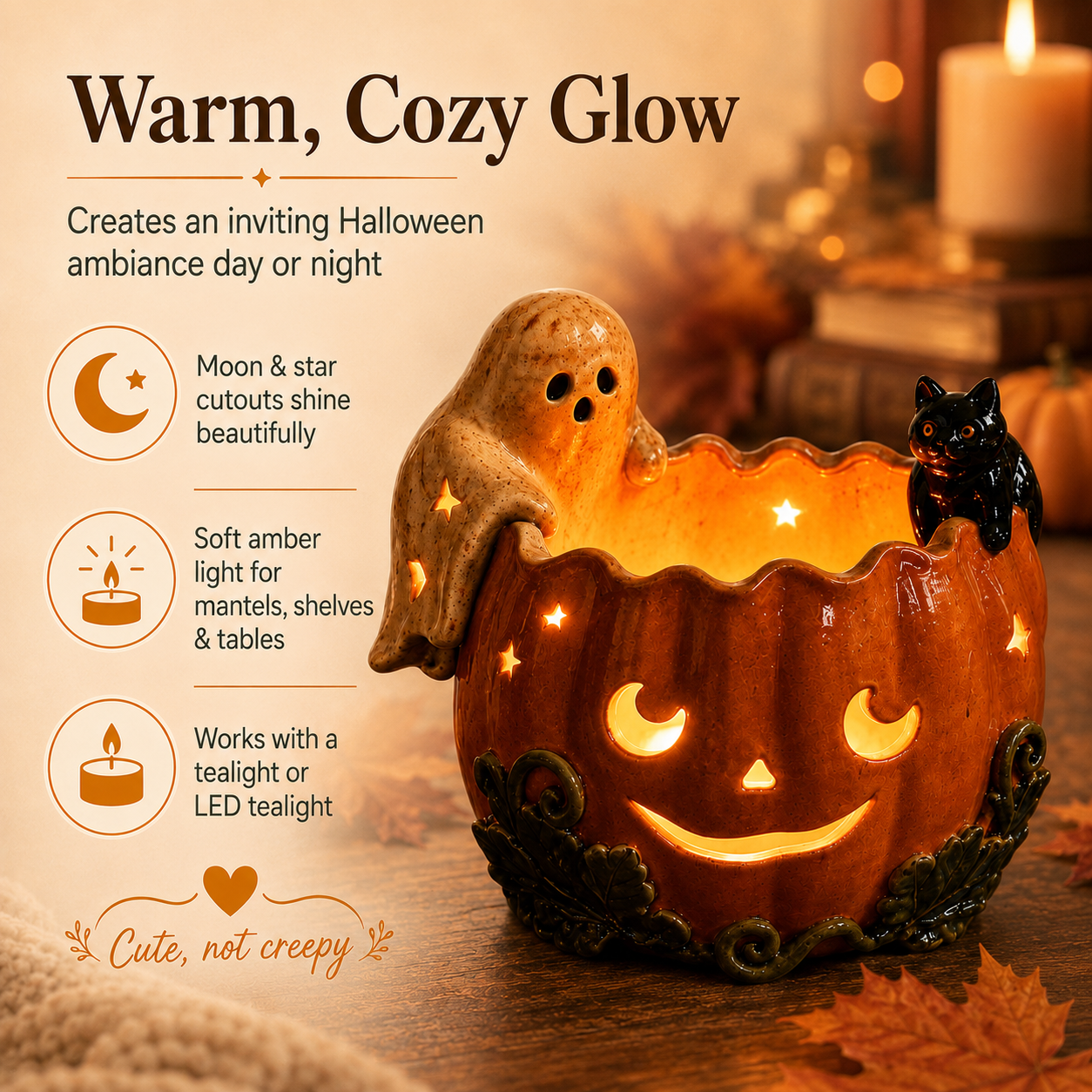 Ghost & Black Cat Pumpkin Tealight Holder Product Description