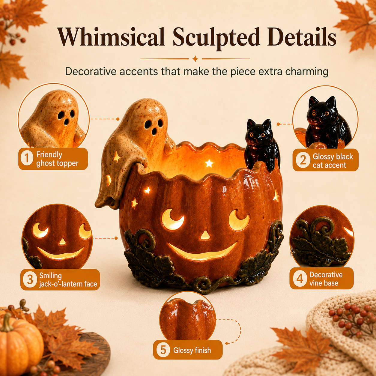 Ghost & Black Cat Pumpkin Tealight Holder Product Description