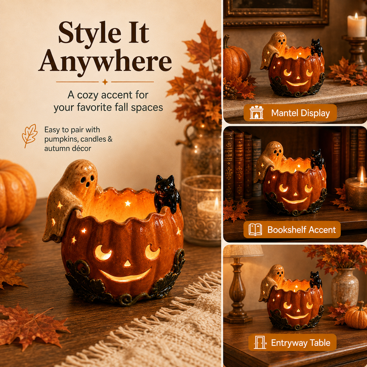 Ghost & Black Cat Pumpkin Tealight Holder Product Description