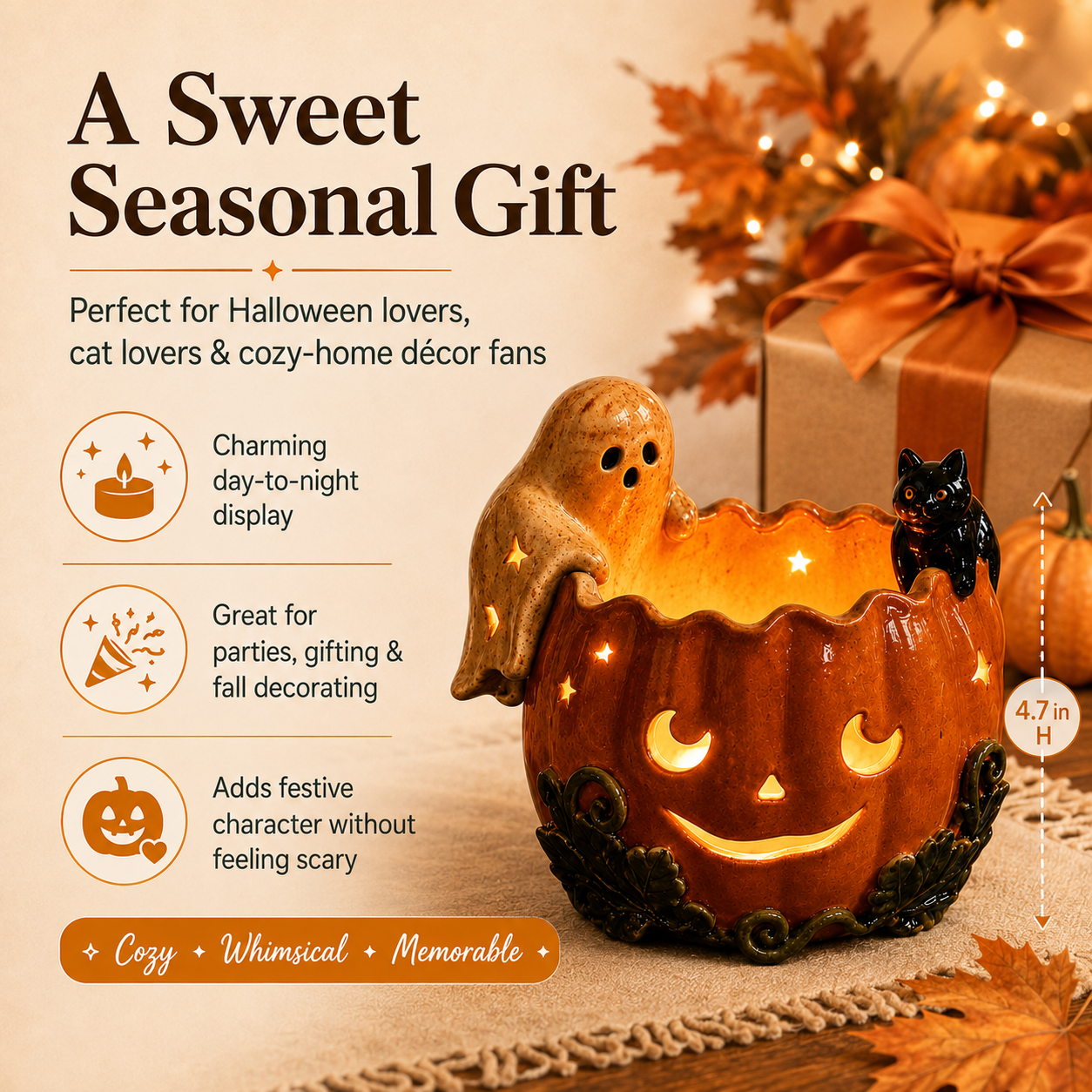 Ghost & Black Cat Pumpkin Tealight Holder Product Description
