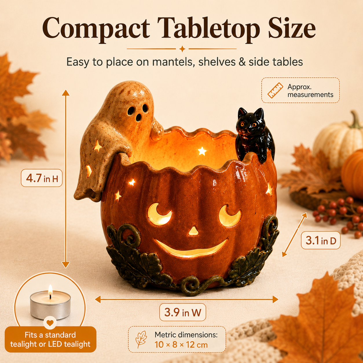 Ghost & Black Cat Pumpkin Tealight Holder Product Description