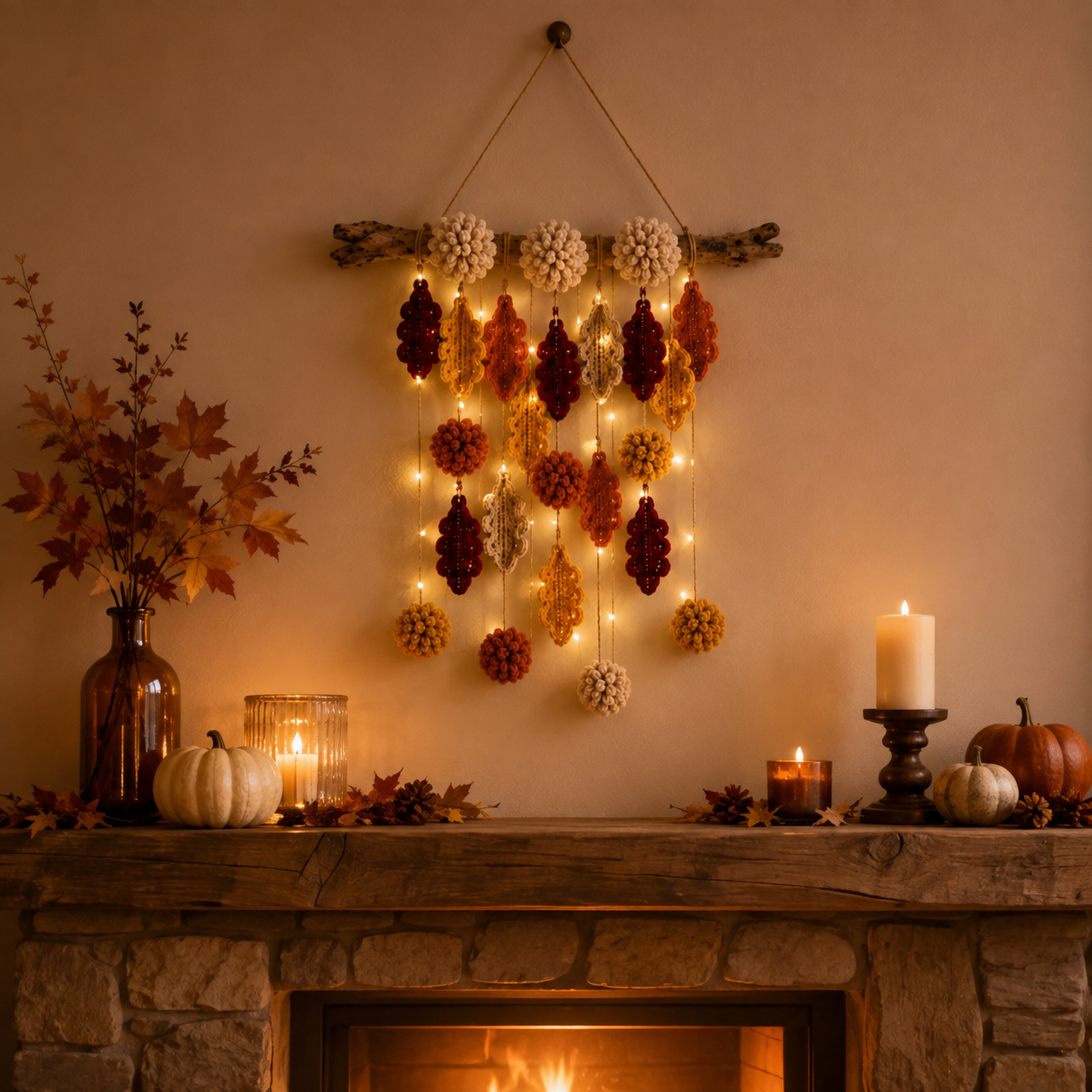 Autumn Whispers Lighted Crochet Leaf Wall Hanging