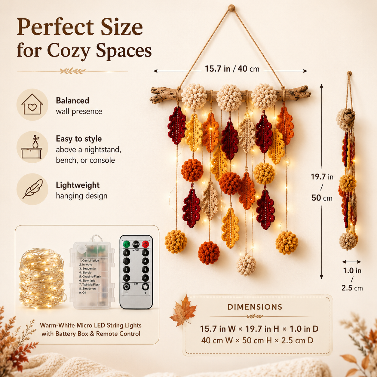 Autumn Whispers Lighted Crochet Leaf Wall Hanging