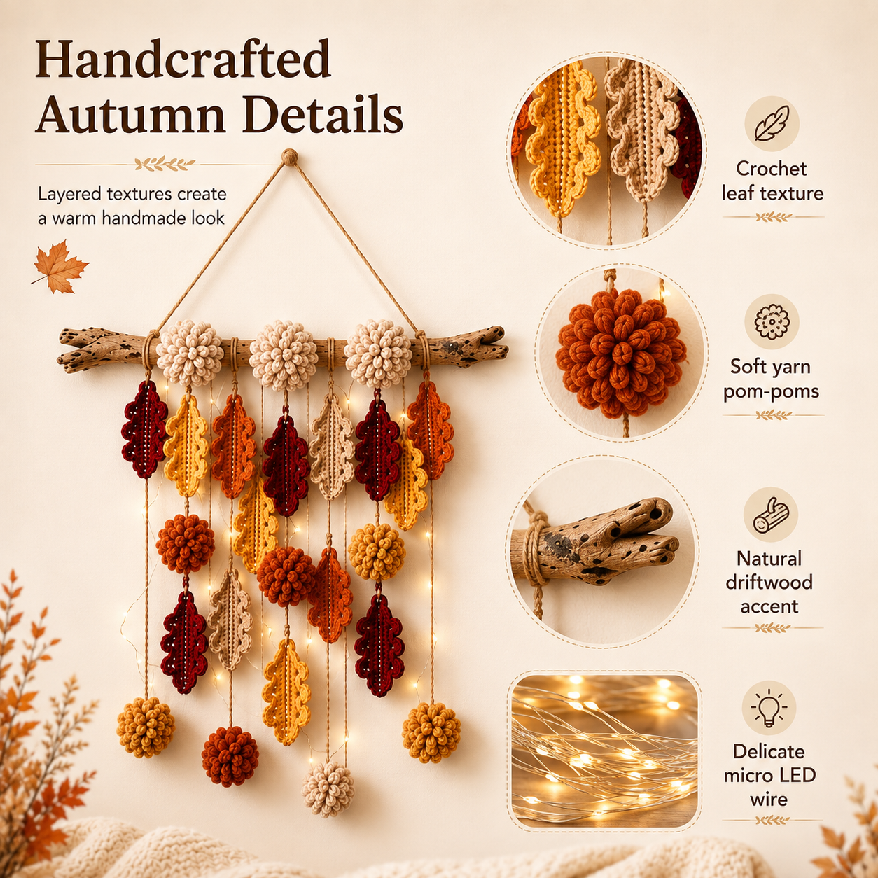 Autumn Whispers Lighted Crochet Leaf Wall Hanging