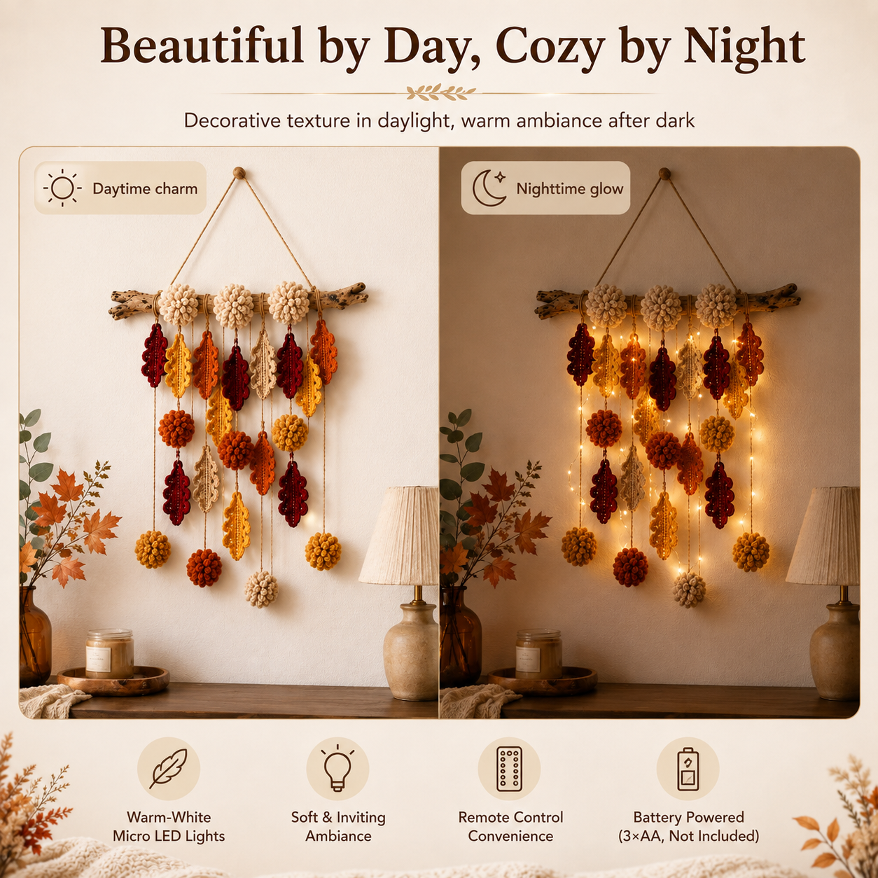 Autumn Whispers Lighted Crochet Leaf Wall Hanging