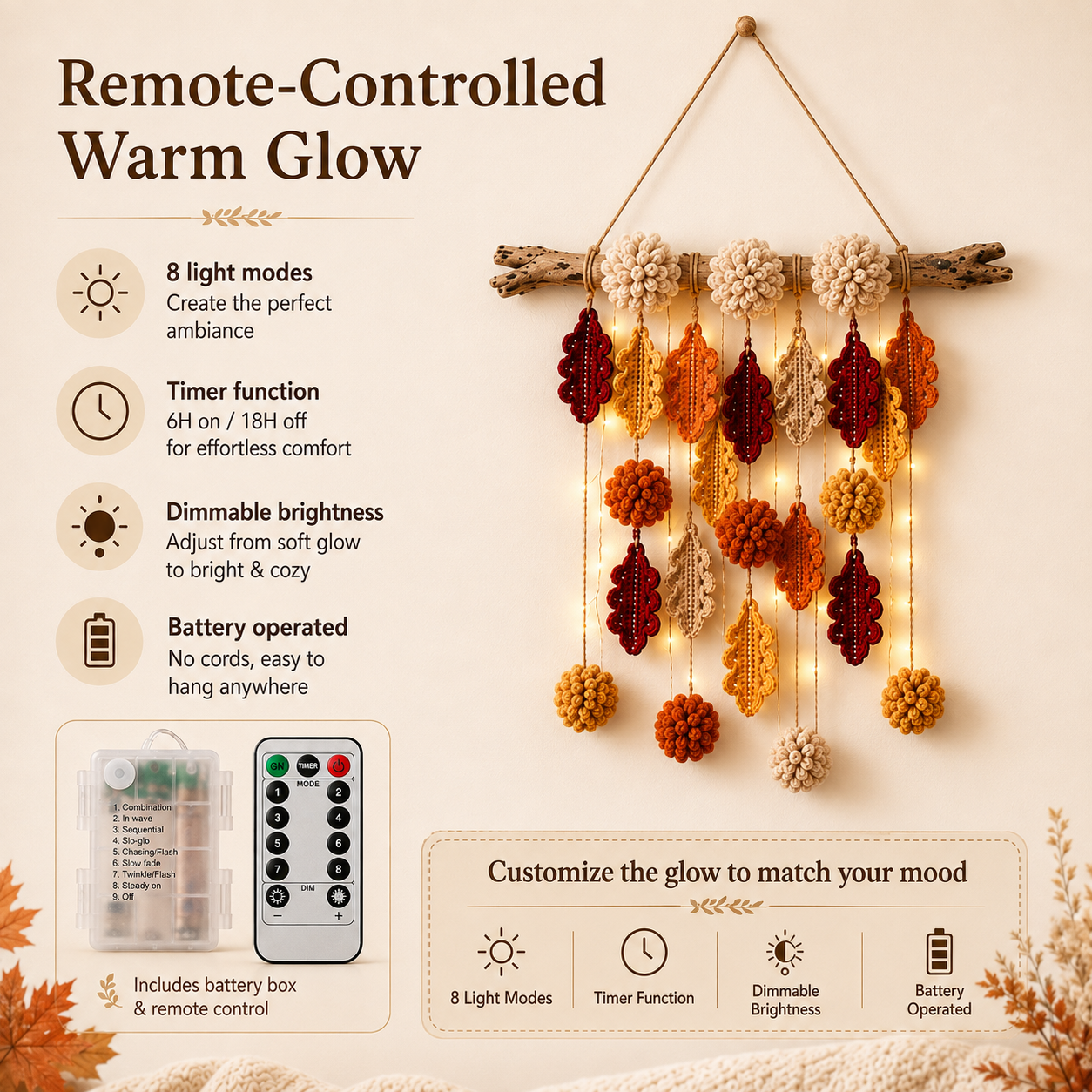 Autumn Whispers Lighted Crochet Leaf Wall Hanging