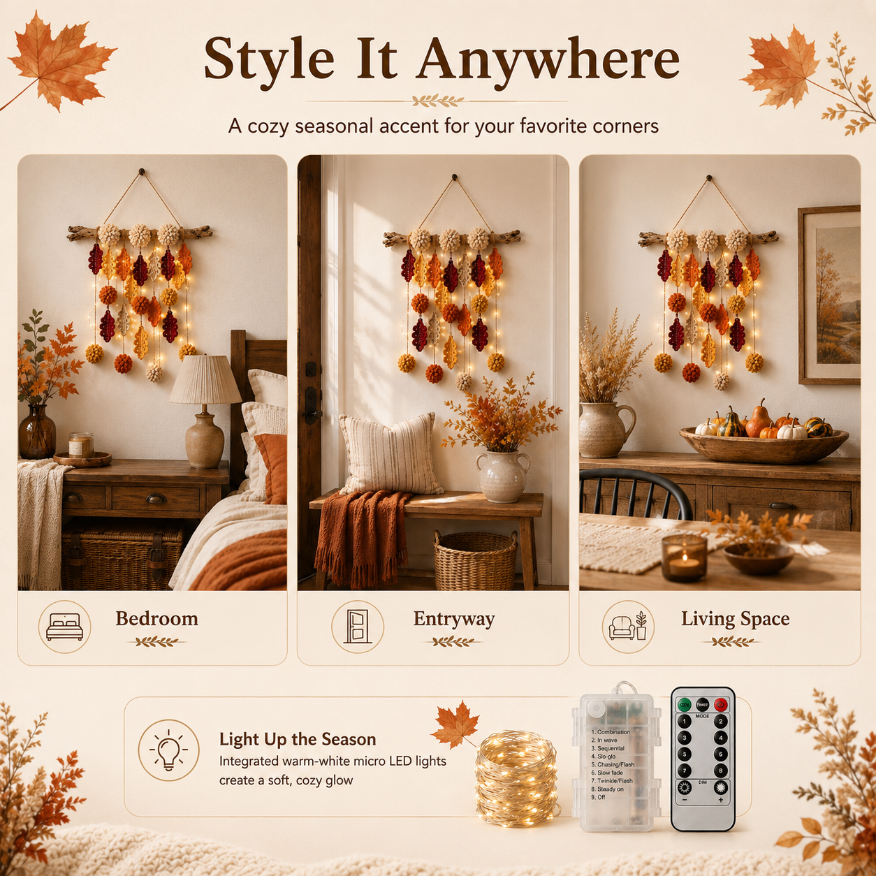 Autumn Whispers Lighted Crochet Leaf Wall Hanging