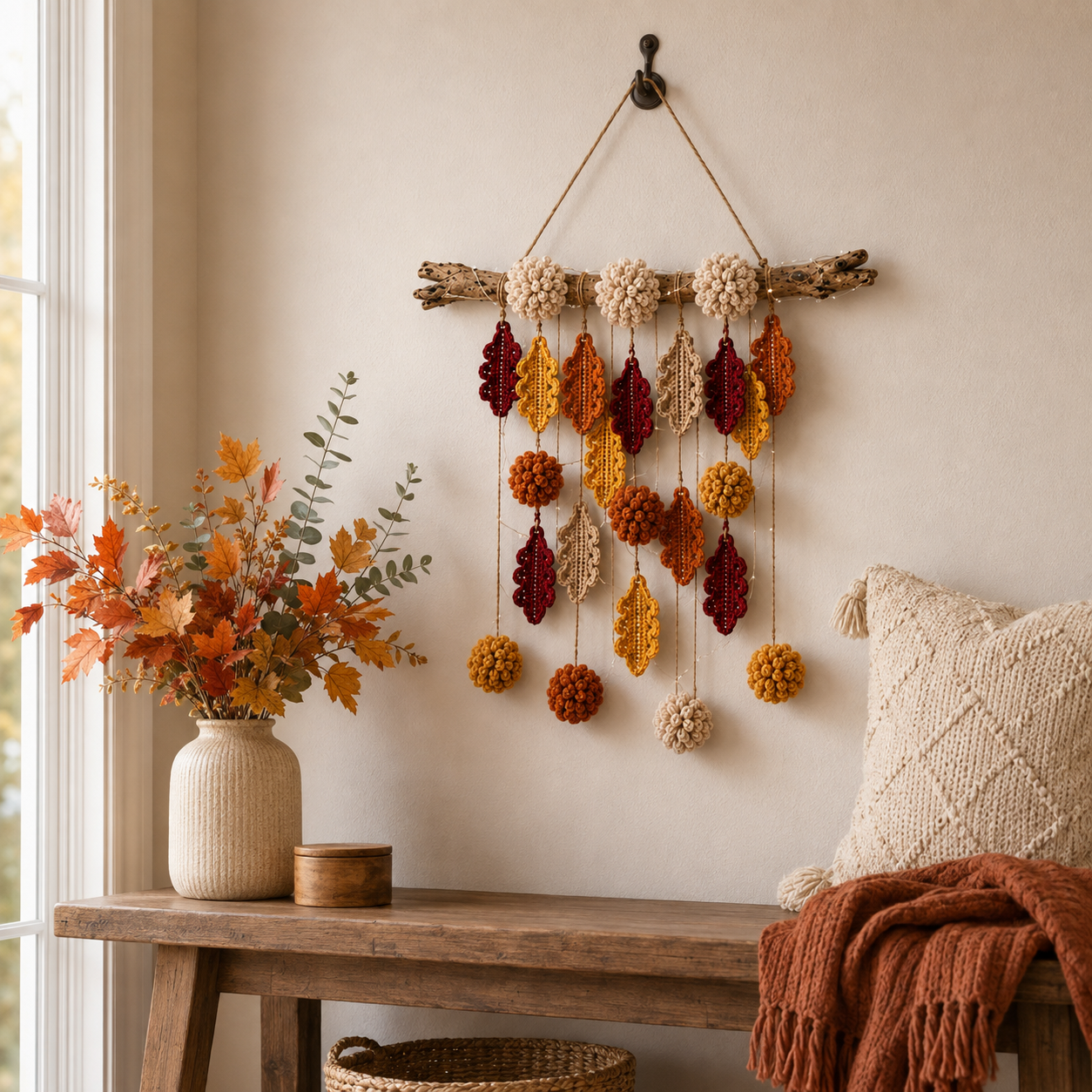 Autumn Whispers Lighted Crochet Leaf Wall Hanging