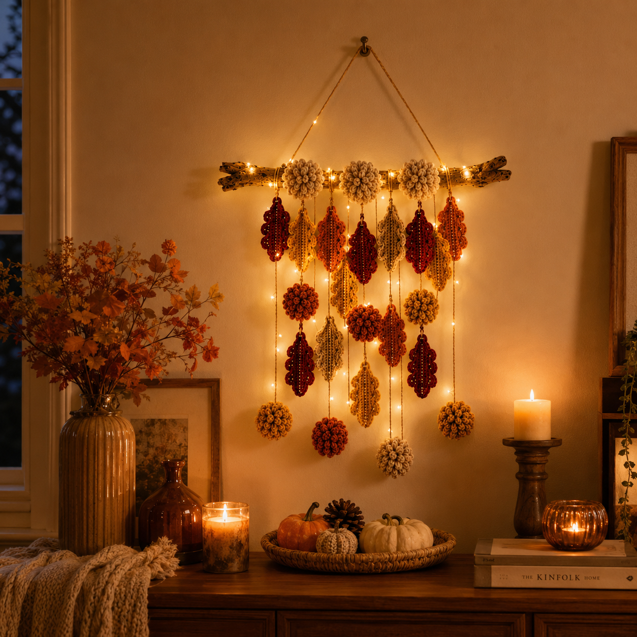 Autumn Whispers Lighted Crochet Leaf Wall Hanging