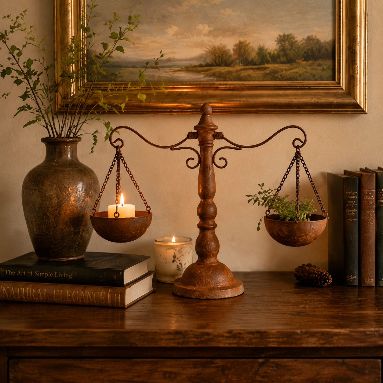 Vintage Balance Hanging Bowl Decor – Rustic Tabletop Planter & Candle Display  Product Description