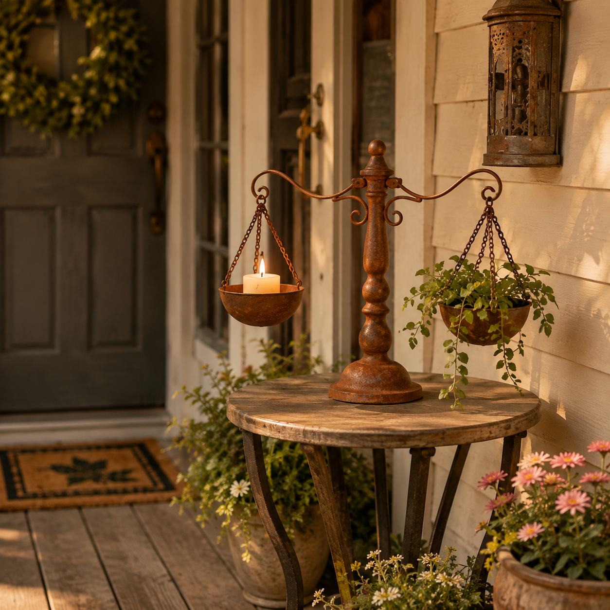 Vintage Balance Hanging Bowl Decor – Rustic Tabletop Planter & Candle Display  Product Description