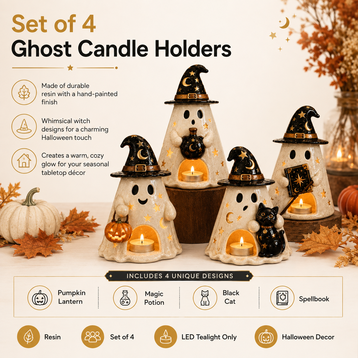 Moonspell Ghost Witch Candle Holders – Set of 4 Halloween Resin Decorations