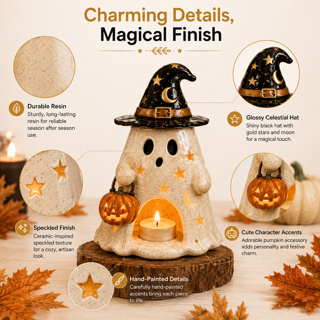 Moonspell Ghost Witch Candle Holders – Set of 4 Halloween Resin Decorations
