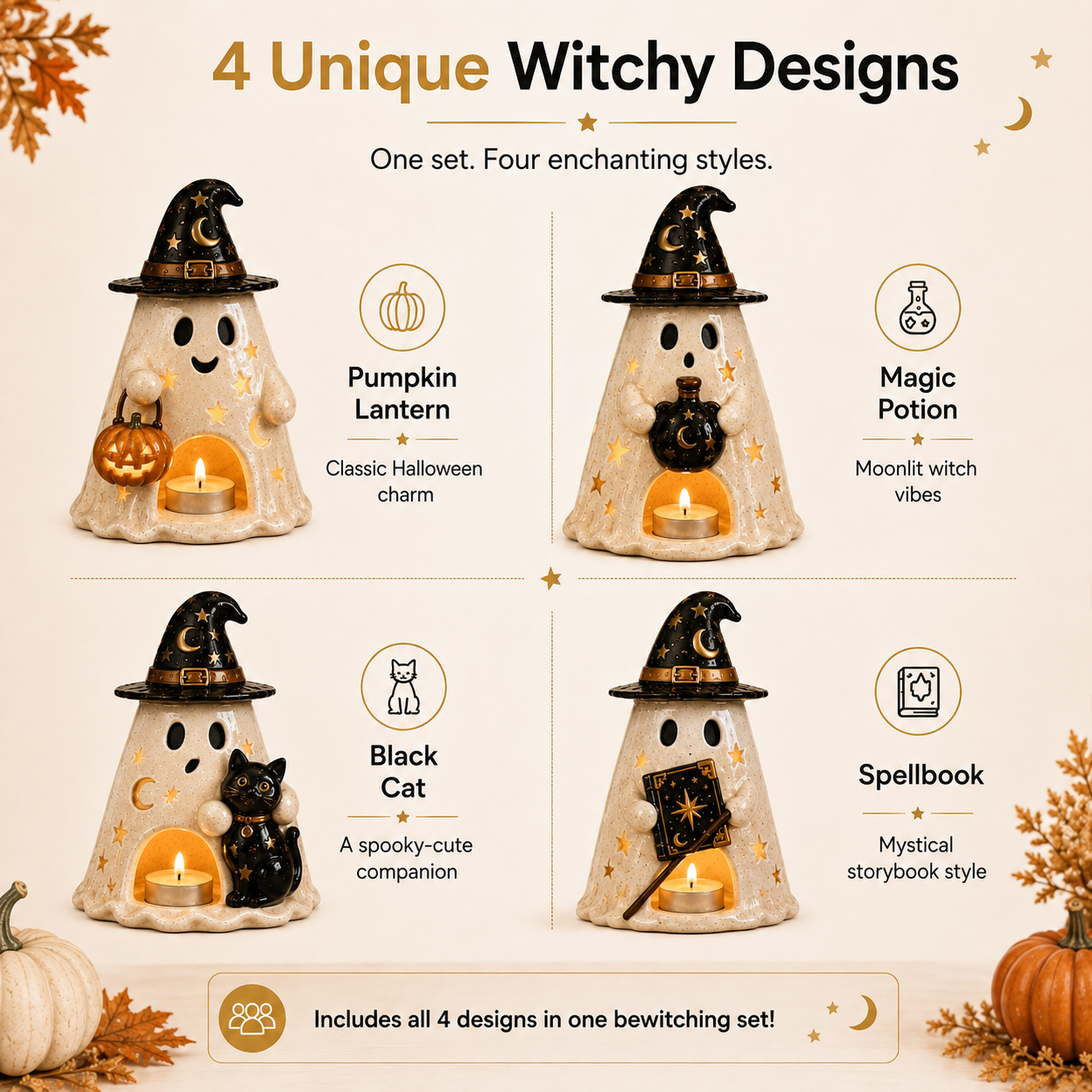 Moonspell Ghost Witch Candle Holders – Set of 4 Halloween Resin Decorations