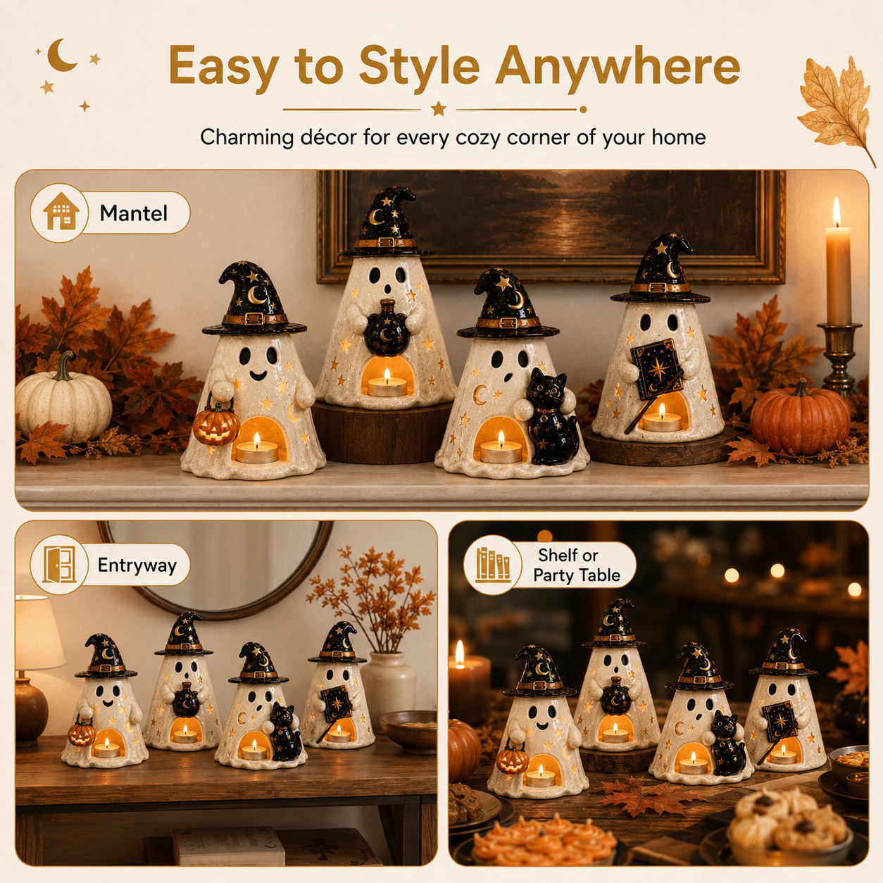 Moonspell Ghost Witch Candle Holders – Set of 4 Halloween Resin Decorations