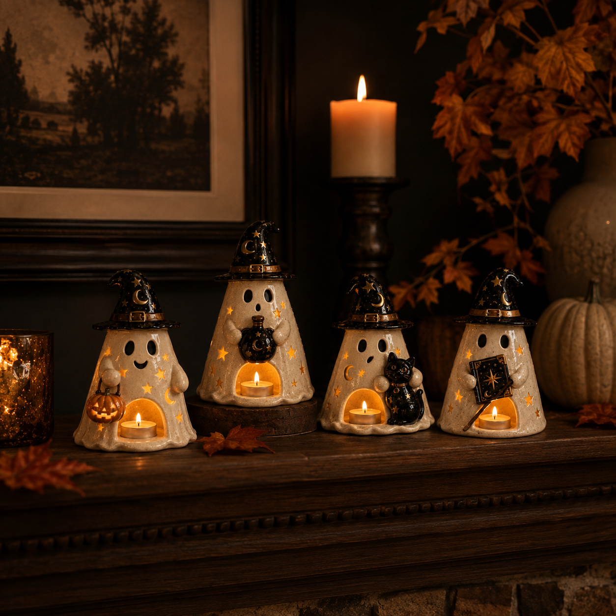Moonspell Ghost Witch Candle Holders – Set of 4 Halloween Resin Decorations