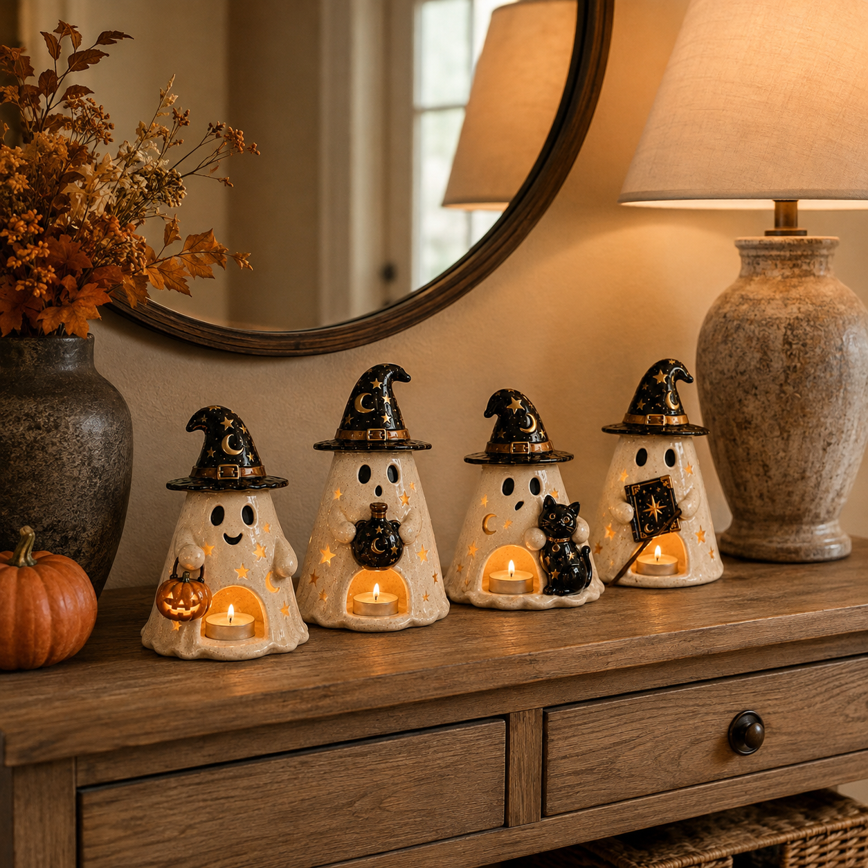 Moonspell Ghost Witch Candle Holders – Set of 4 Halloween Resin Decorations