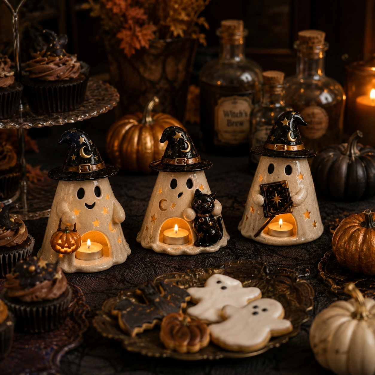 Moonspell Ghost Witch Candle Holders – Set of 4 Halloween Resin Decorations