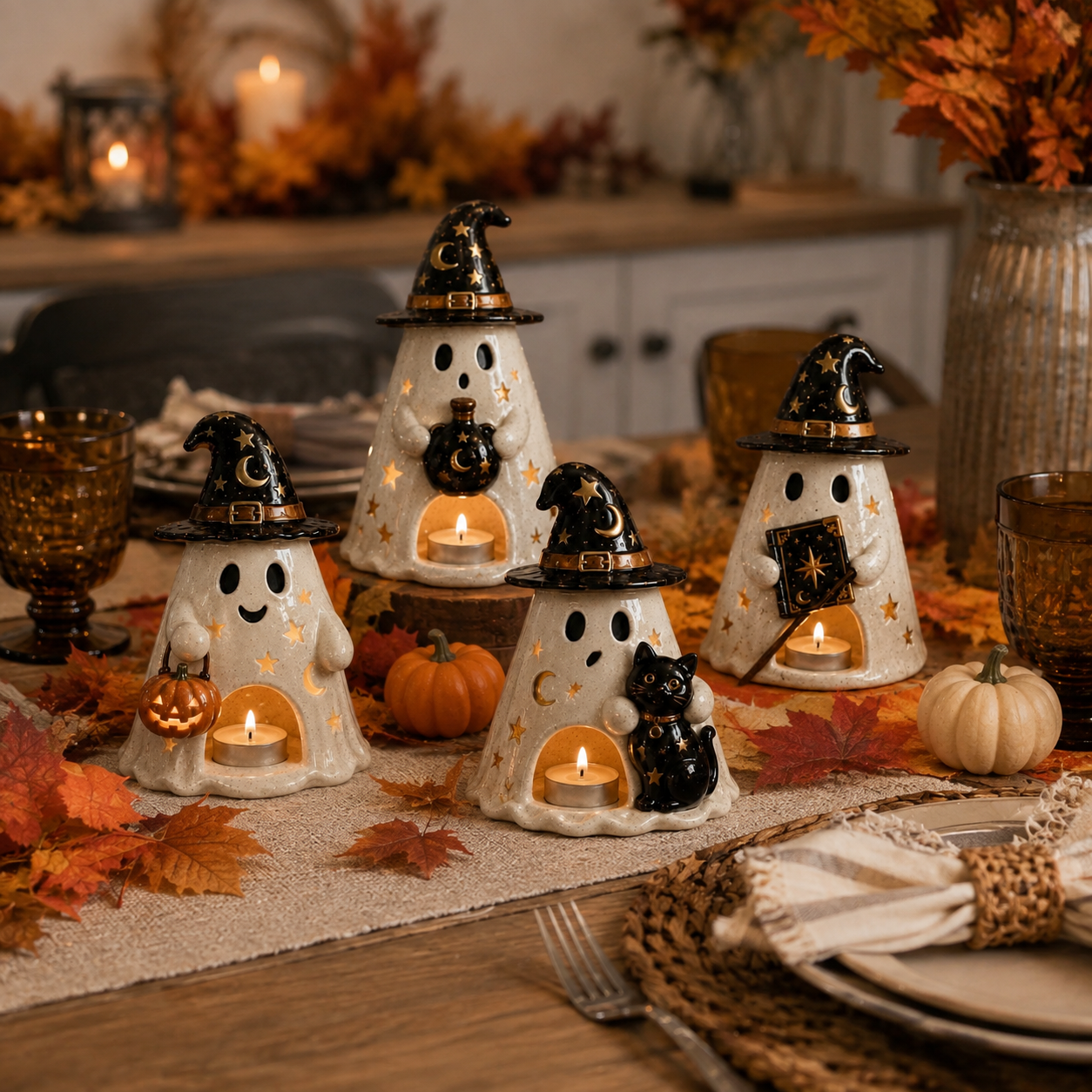 Moonspell Ghost Witch Candle Holders – Set of 4 Halloween Resin Decorations