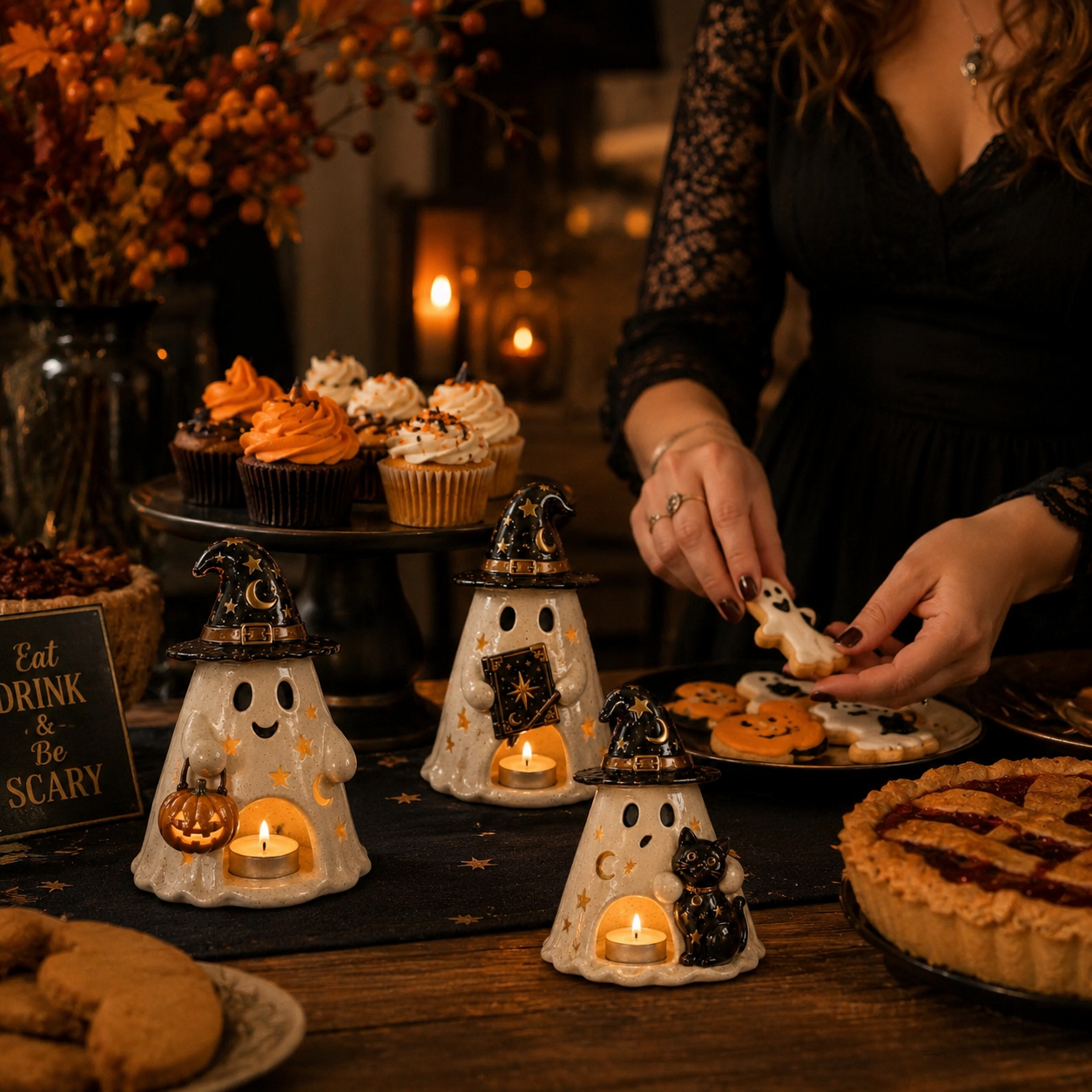 Moonspell Ghost Witch Candle Holders – Set of 4 Halloween Resin Decorations