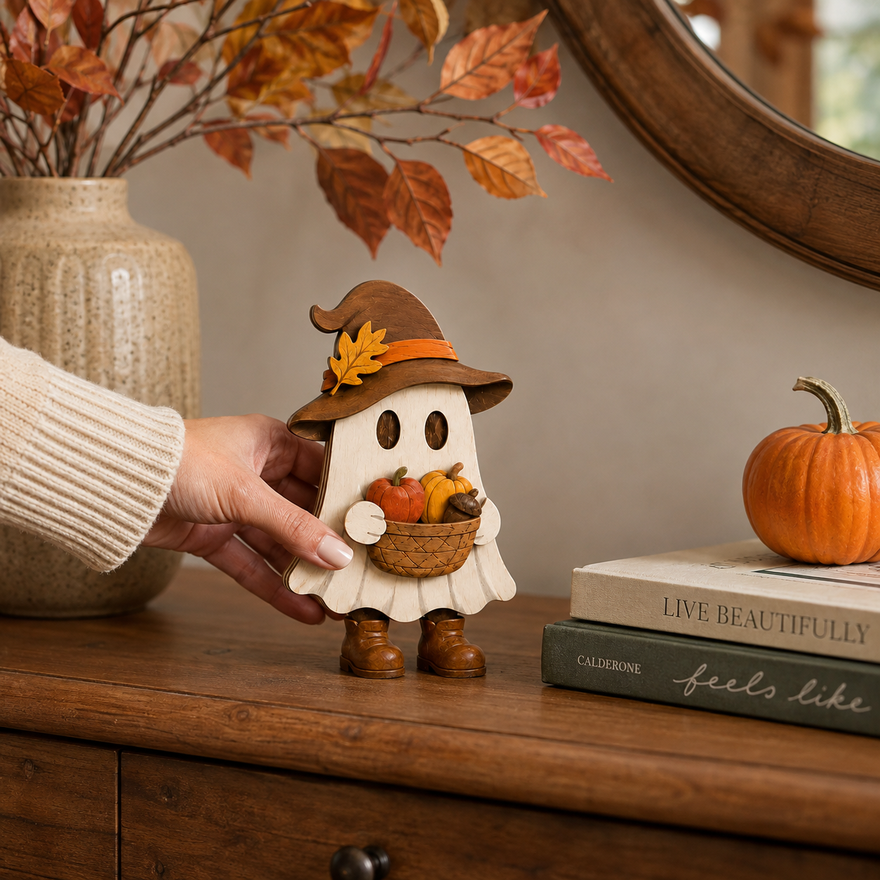 Harvest Hugs Ghost Trio – Wooden Fall Tabletop Decor, Set of 3