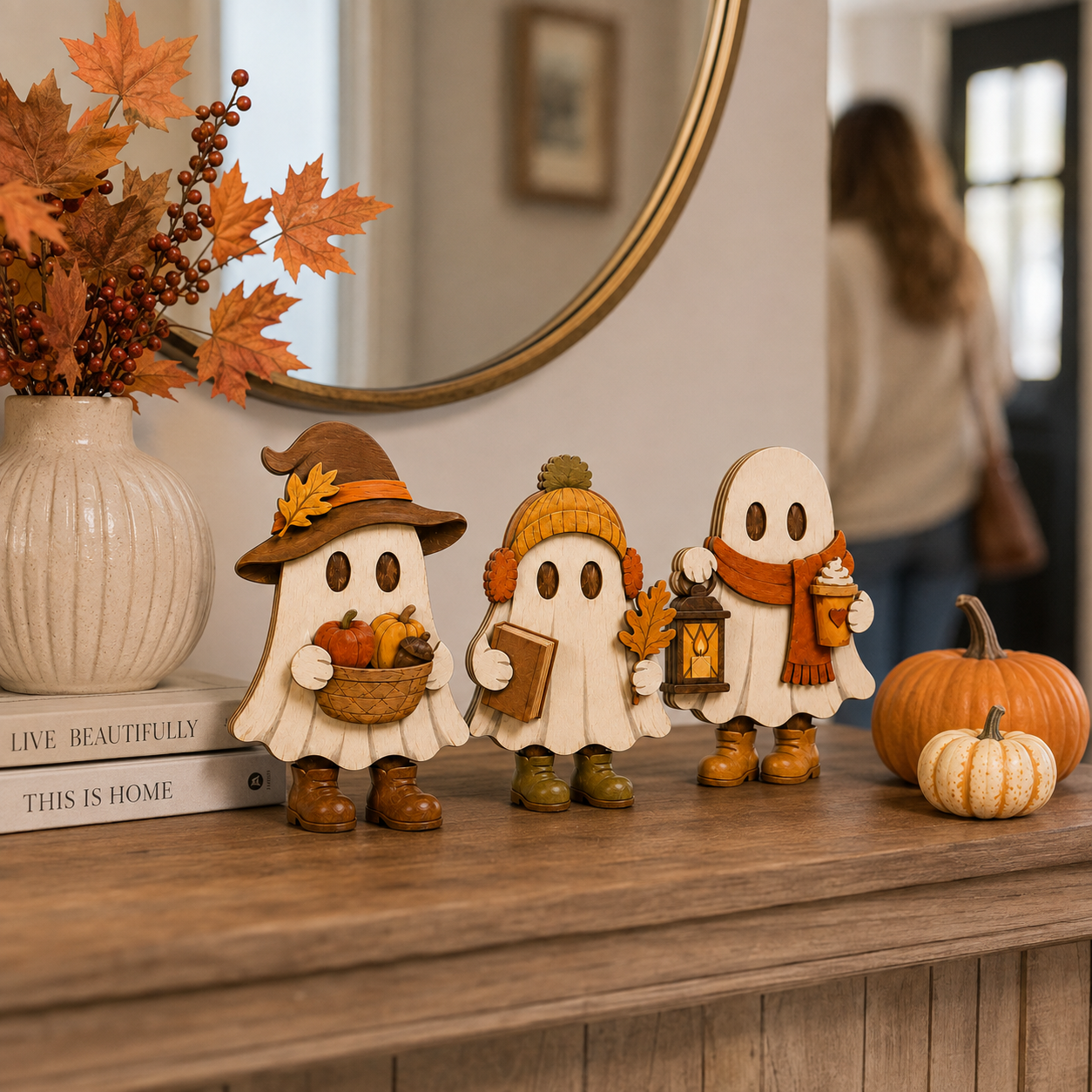 Harvest Hugs Ghost Trio – Wooden Fall Tabletop Decor, Set of 3