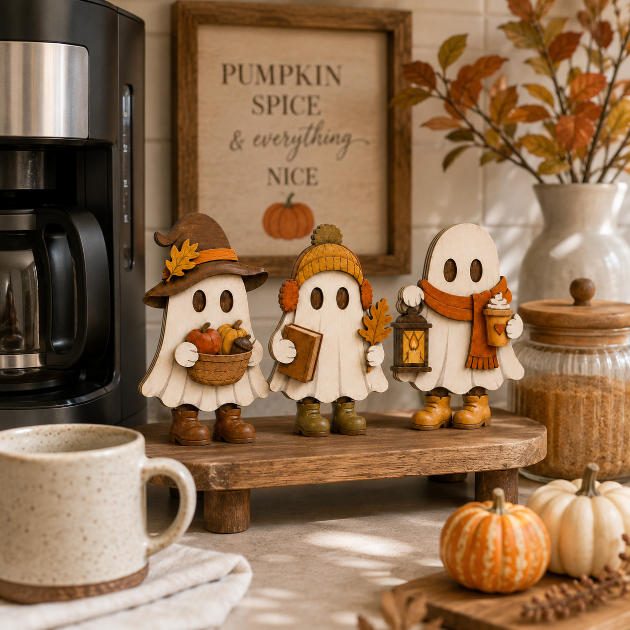Harvest Hugs Ghost Trio – Wooden Fall Tabletop Decor, Set of 3