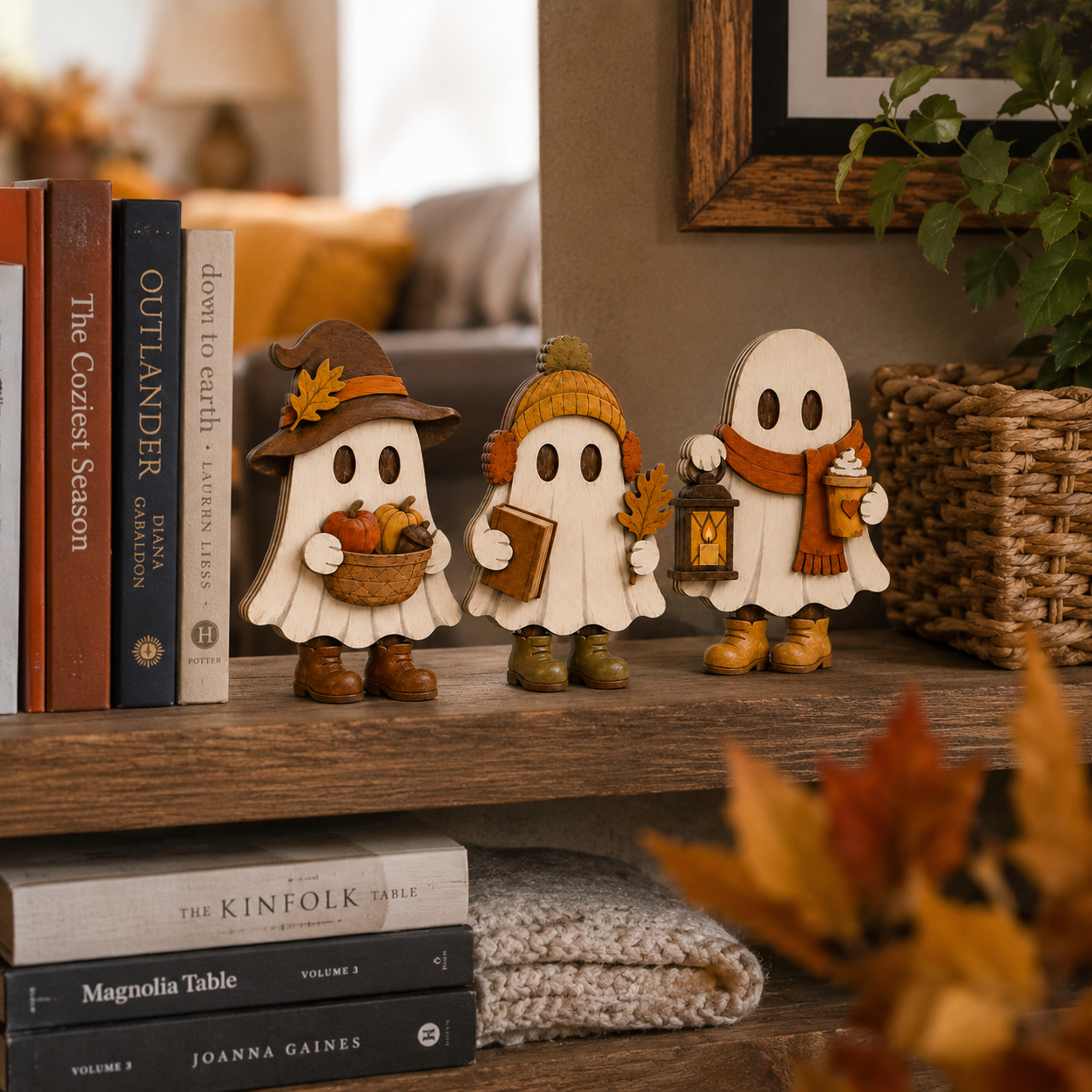 Harvest Hugs Ghost Trio – Wooden Fall Tabletop Decor, Set of 3