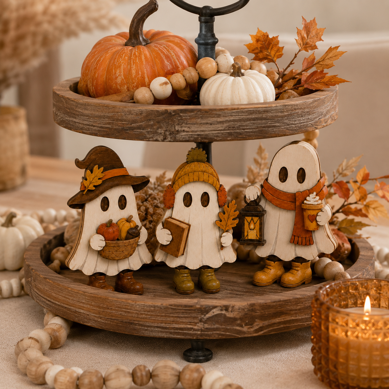 Harvest Hugs Ghost Trio – Wooden Fall Tabletop Decor, Set of 3